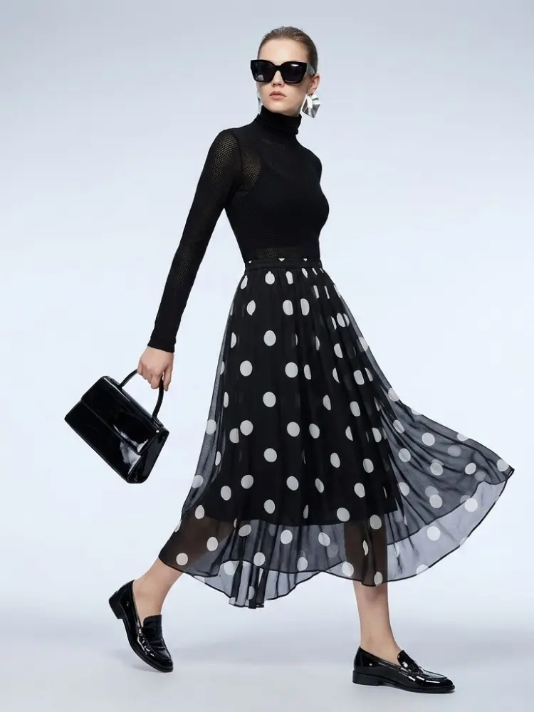 Women's Skirt Black Polka Dot BYMANYC ® New York SOHO PLEATED MAXI - New Collection by BYMANYC ® New York