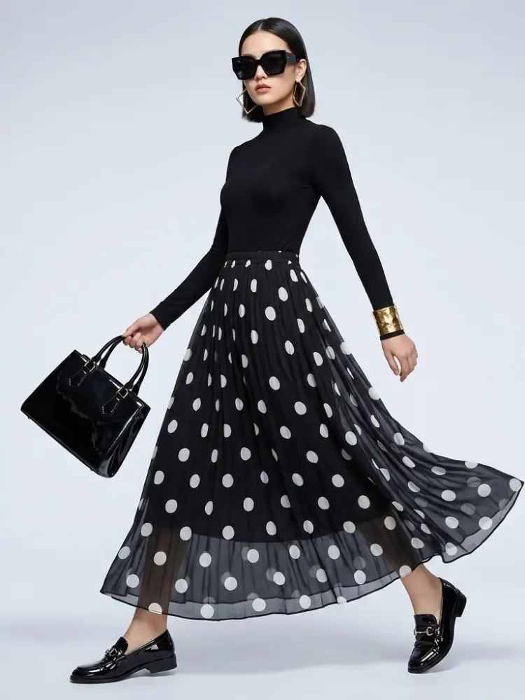 Women's Skirt Black Polka Dot BYMANYC ® New York SOHO PLEATED MAXI - New Collection by BYMANYC ® New York