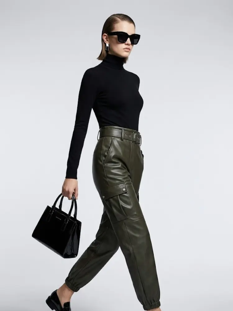 Women's Leather Cargo Pants BYMANYC ® New York SOHO OLIVE JOGGER - New Collection by BYMANYC ® New York