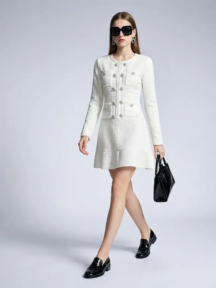 Women's Dress Bouclé Tweed BYMANYC ® New York MADISON IVORY BUTTON MINI - New Collection by BYMANYC ® New York