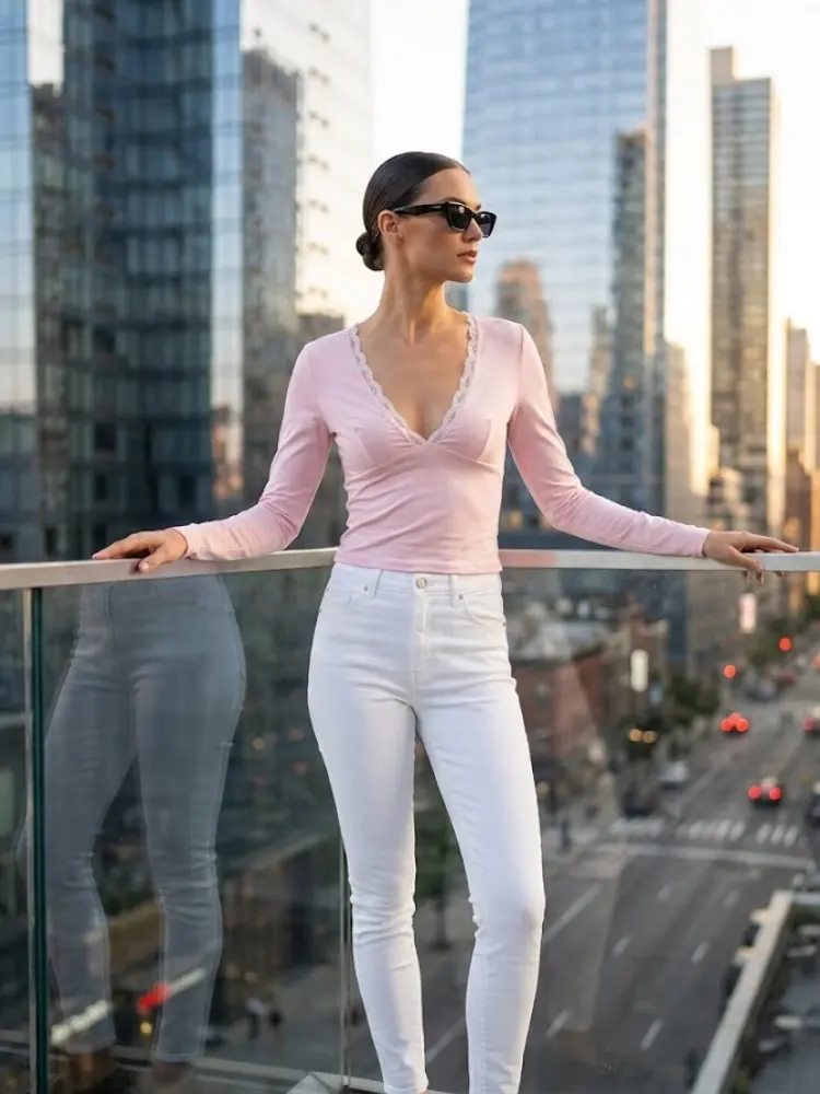 Pink CHELSEA Lace Neckline Top Prêt-à-Porter BYMANYC ® New York by BYMANYC ® New York