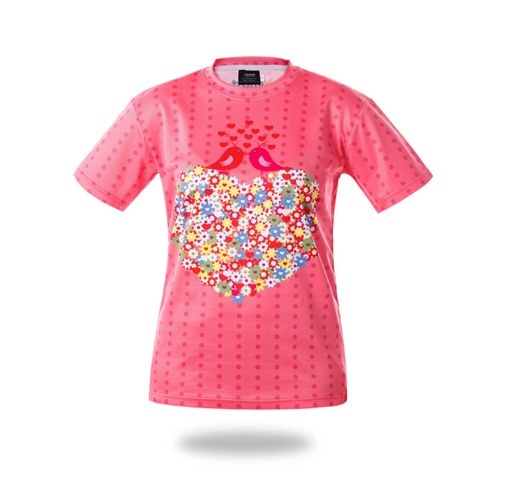 Pink Floral Heart Bird Sublimation T-Shirt-0