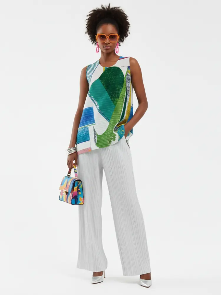 Pleated Printed Sleeveless Top, Coney Island | Women - BYMANYC ® New York by BYMANYC ® New York