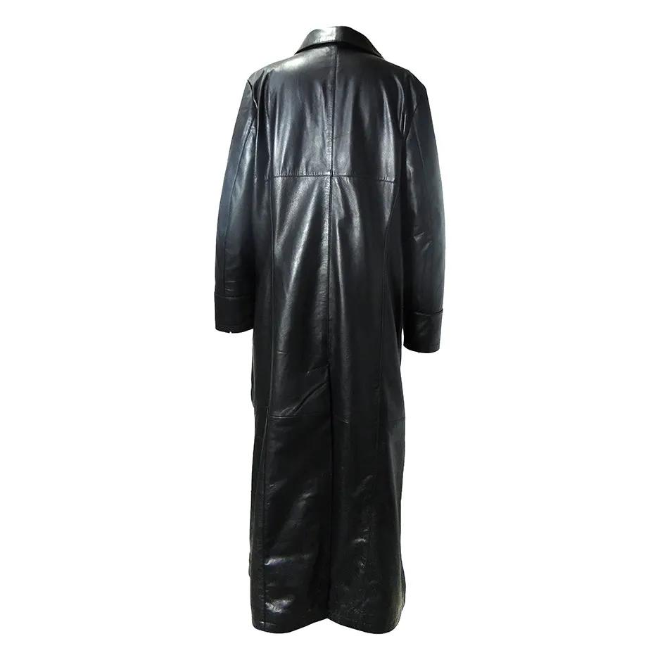 QR Matrix Womens Black Full Long Leather Coat with 3 Buttons by Inland Leather Co.
