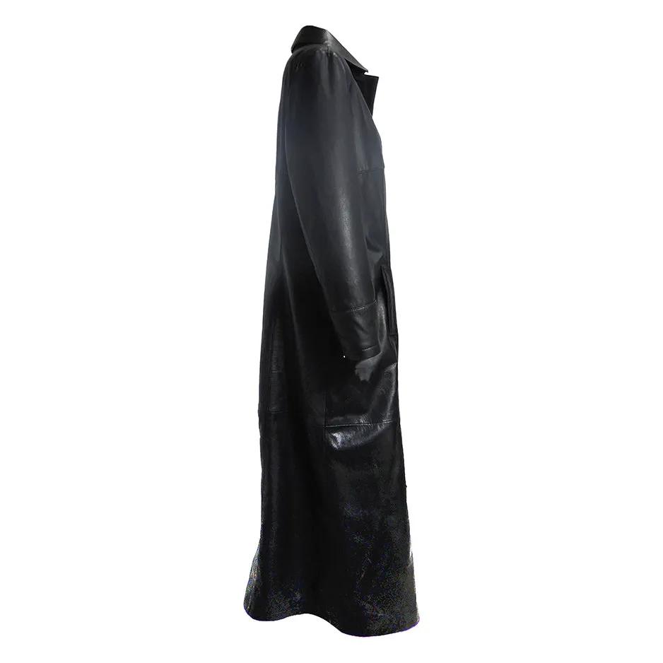QR Matrix Womens Black Full Long Leather Coat with 3 Buttons by Inland Leather Co.