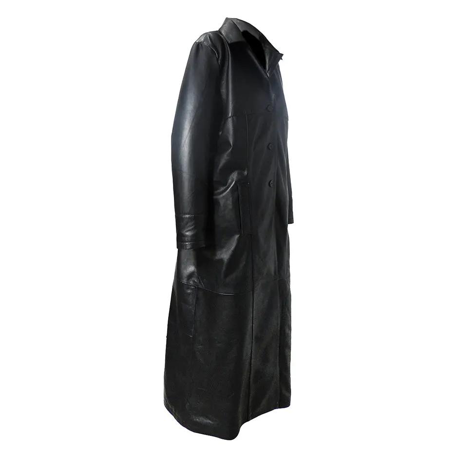 QR Matrix Womens Black Full Long Leather Coat with 3 Buttons by Inland Leather Co.