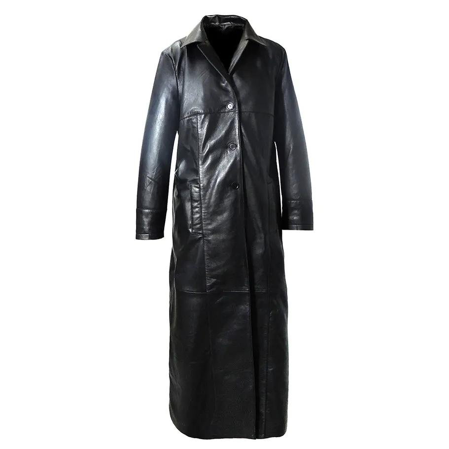 QR Matrix Womens Black Full Long Leather Coat with 3 Buttons by Inland Leather Co.