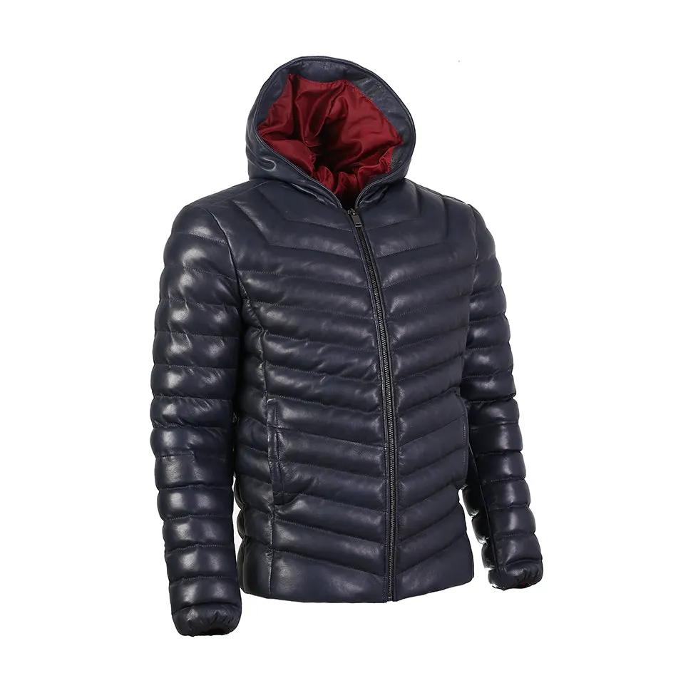 Quora Mens Bubble Puffer Leather Jacket with Hoody Dark Navy Blue by Inland Leather Co.