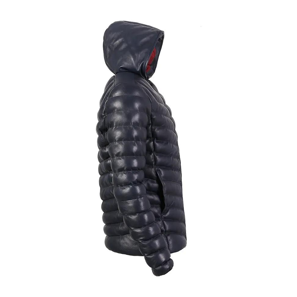Quora Mens Bubble Puffer Leather Jacket with Hoody Dark Navy Blue by Inland Leather Co.