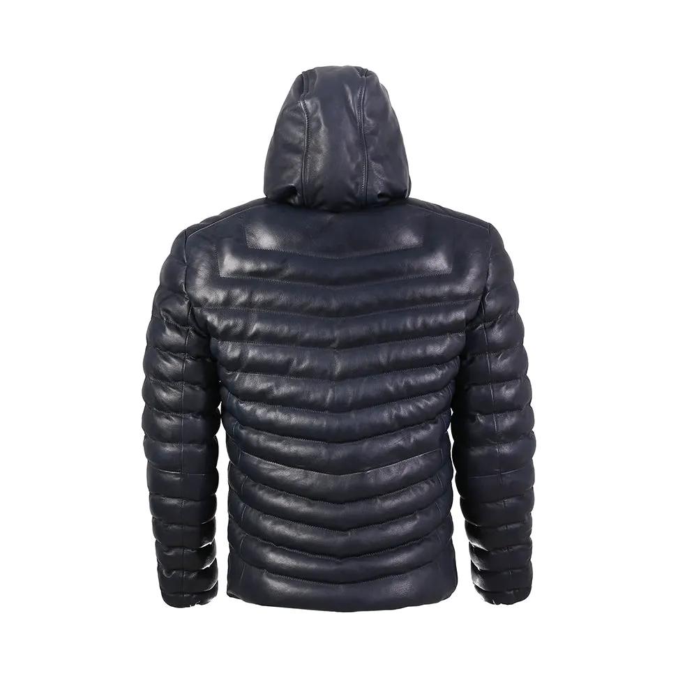 Quora Mens Bubble Puffer Leather Jacket with Hoody Dark Navy Blue by Inland Leather Co.