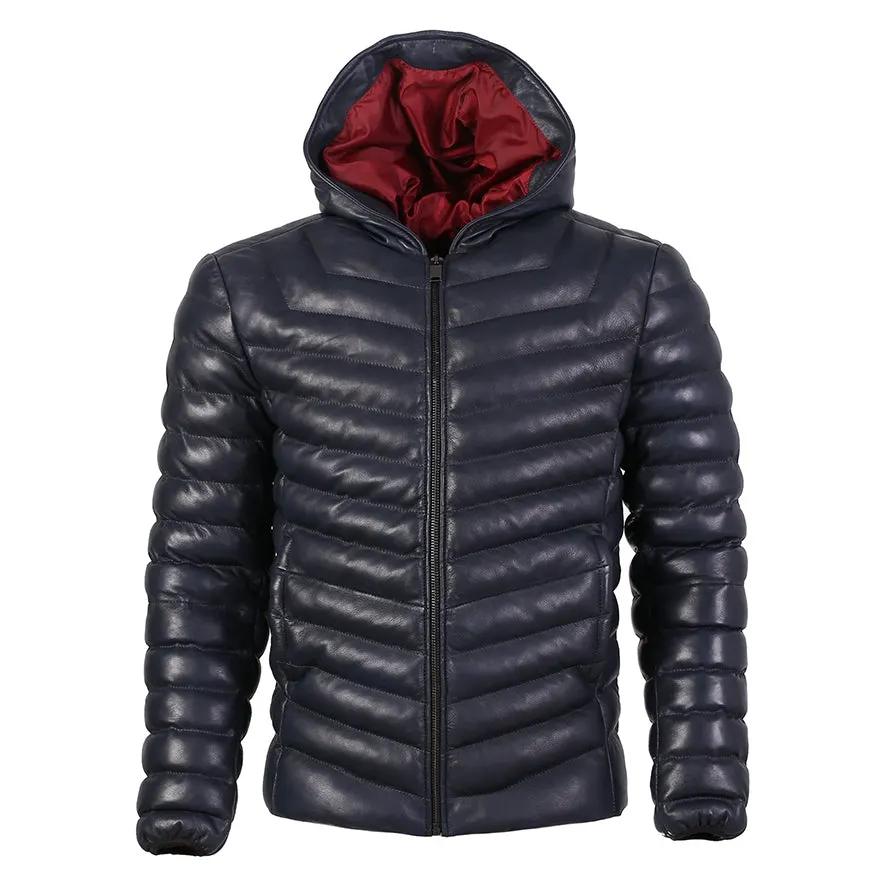 Quora Mens Bubble Puffer Leather Jacket with Hoody Dark Navy Blue by Inland Leather Co.
