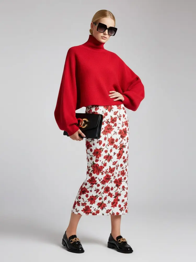 Red Knit Sweater with Peris Neck and Puff Sleeves • BYMANYC ® New York by BYMANYC ® New York