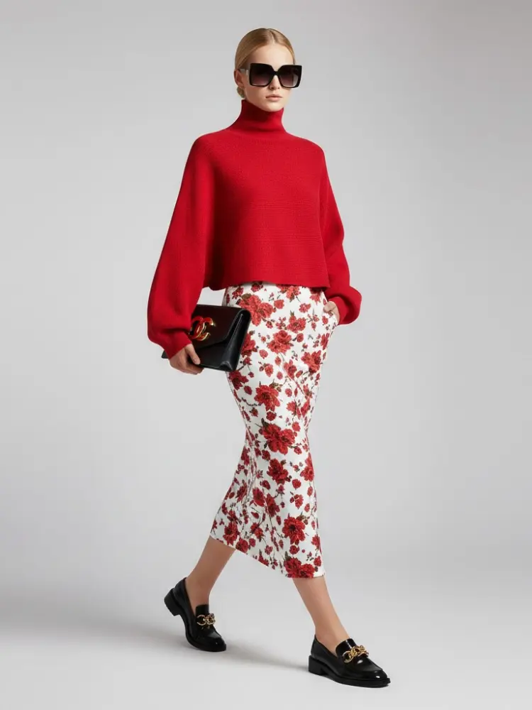 Red Knit Sweater with Peris Neck and Puff Sleeves • BYMANYC ® New York by BYMANYC ® New York