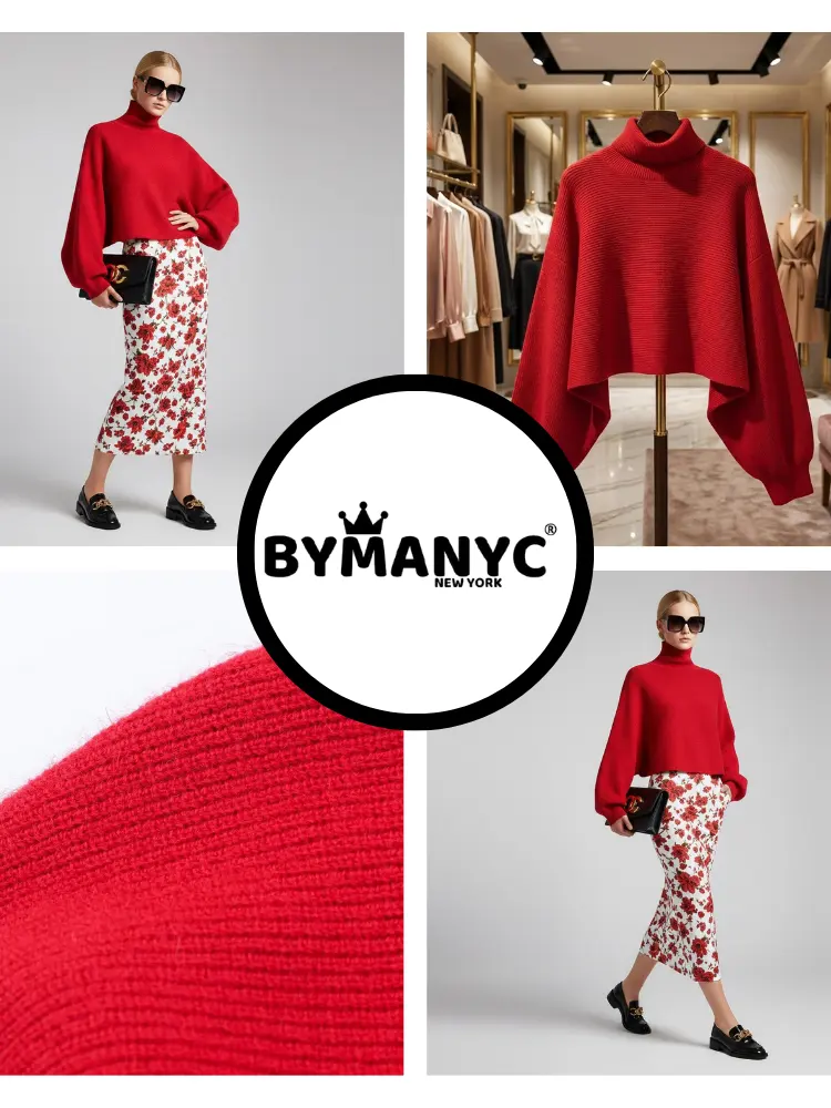Red Knit Sweater with Peris Neck and Puff Sleeves • BYMANYC ® New York by BYMANYC ® New York
