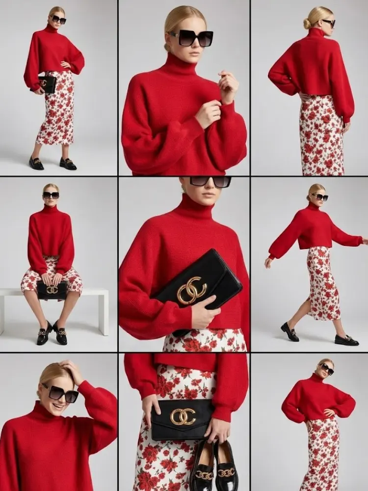 Red Knit Sweater with Peris Neck and Puff Sleeves • BYMANYC ® New York by BYMANYC ® New York