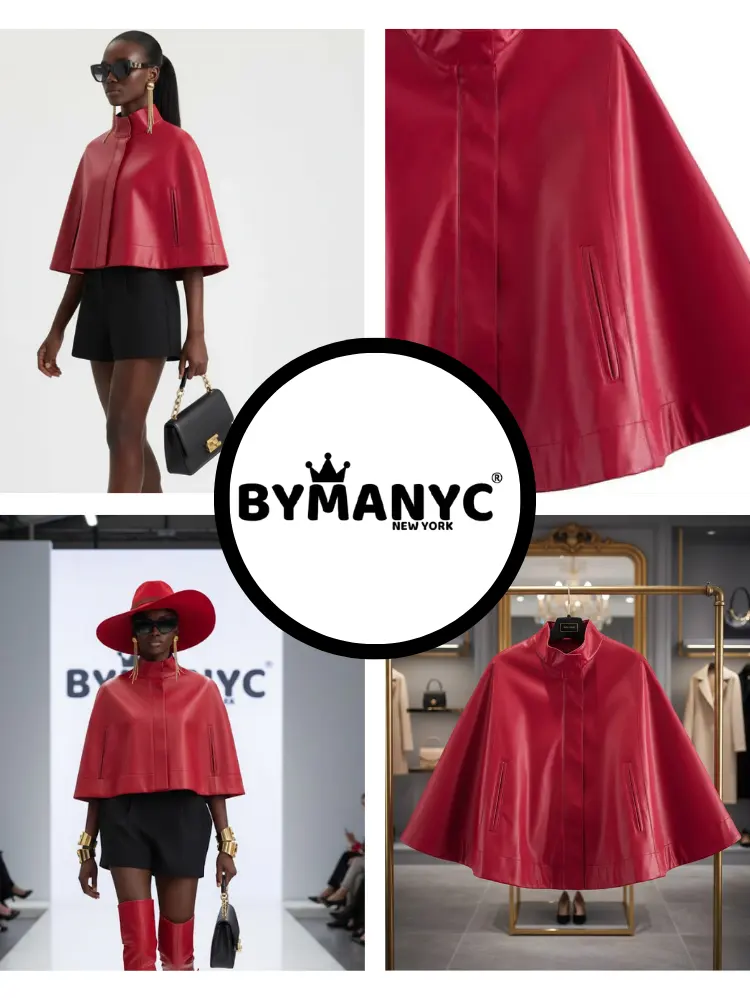 Red Leather-Style Short Cape Jacket For Women, Greenwich Village, BYMANYC New York. by BYMANYC ® New York