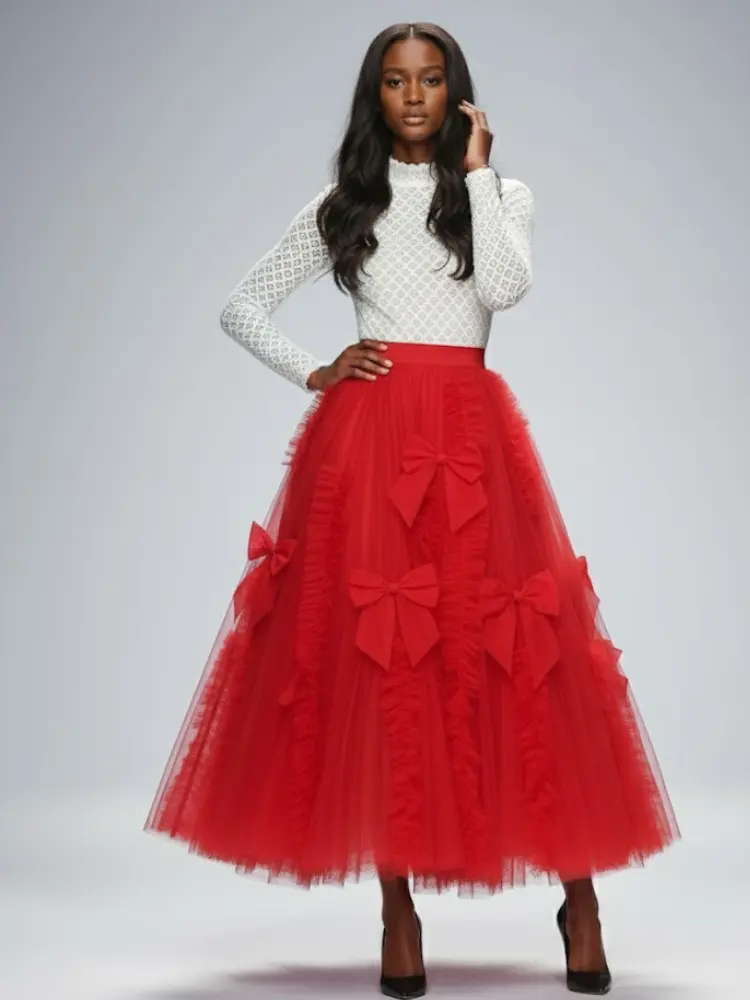 Red Tulle-Bow Midi Skirt SOHO: Prêt-à-Porter Line BYMANYC ® New York by BYMANYC ® New York