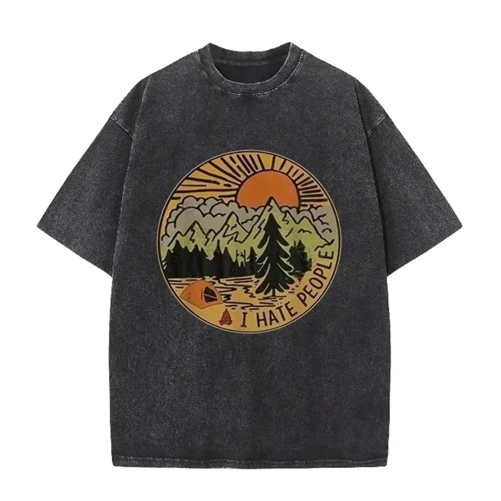 Vintage Camping I Hate People Print Washed Black Casual Outdoor T Shirt by Vimost Shop