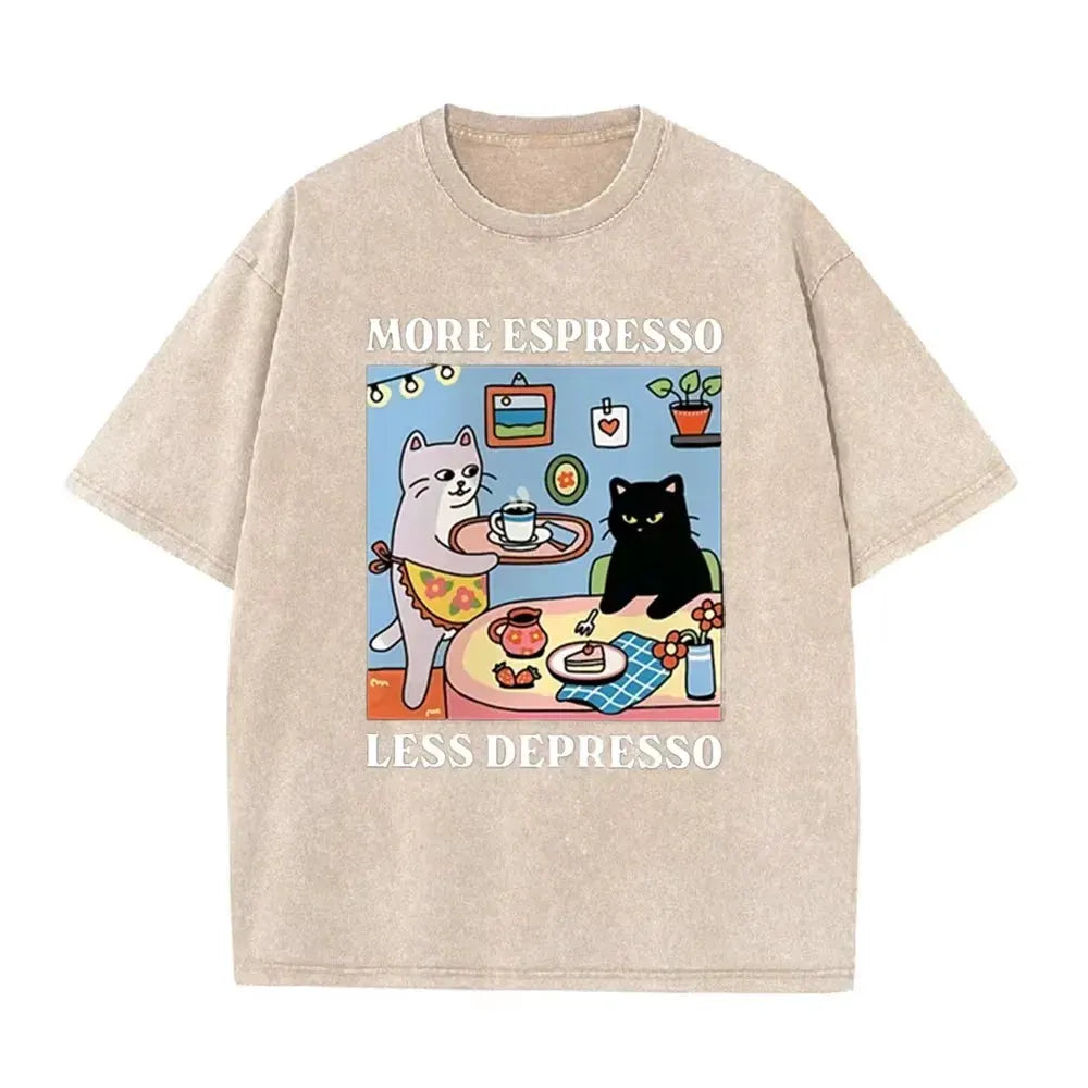 Vintage Black Cat Coffee T Shirt More Espresso Less Depresso Graphic Acid Wash Tee by Vimost Shop