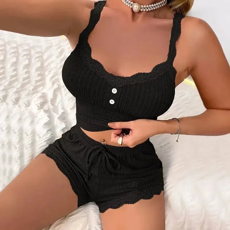 Women's Lace-Trim Cami and Drawstring Shorts Two-Piece Pajama Set by Vimost Shop