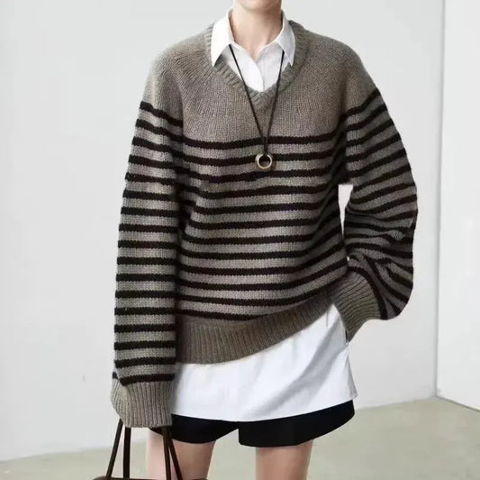 High-end V-neck striped 100% wool knitted sweater loose pullover sweater women wool base layer by Vimost Shop