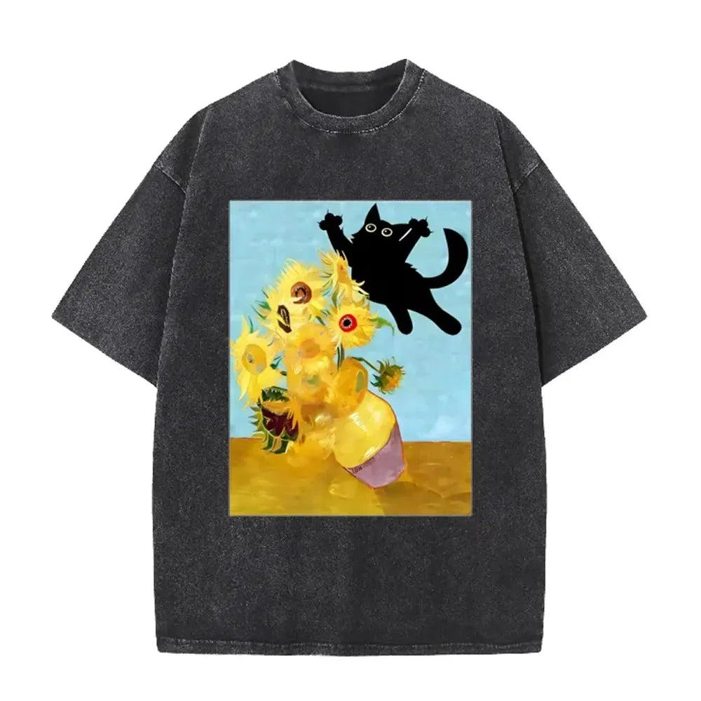 Van Gogh Sunflower Black Cat Parody Print Vintage Washed Purple Casual Art T Shirt by Vimost Shop