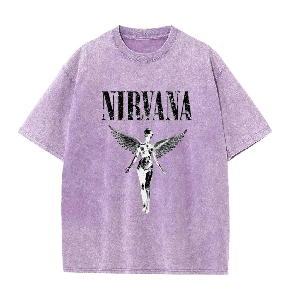 Vintage Distressed Washed Tee Nirvana Grunge Rock Silver Angel Skeleton Print Loose Fit Short Sleeve T Shirts by Vimost Shop