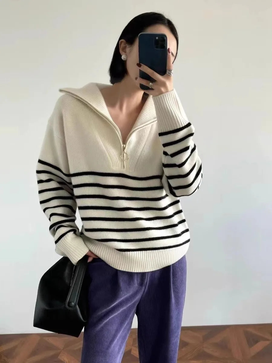 Autumn/Winter new classic striped zipper turtleneck + lapel 100% cashmere knit sweater women's bottom sweater-3