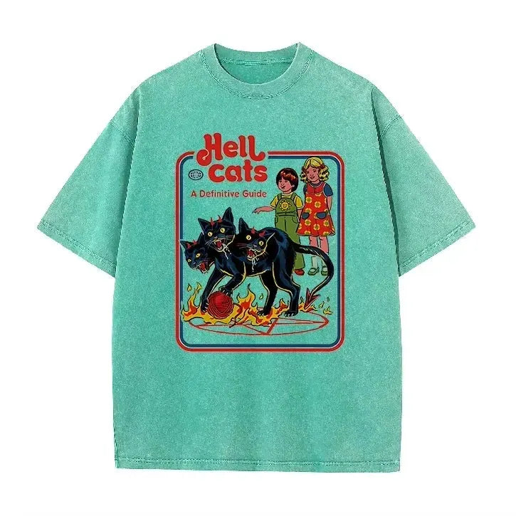 Purple Acid Wash Hell Cats Graphic Casual Retro Streetwear Tee by Vimost Shop