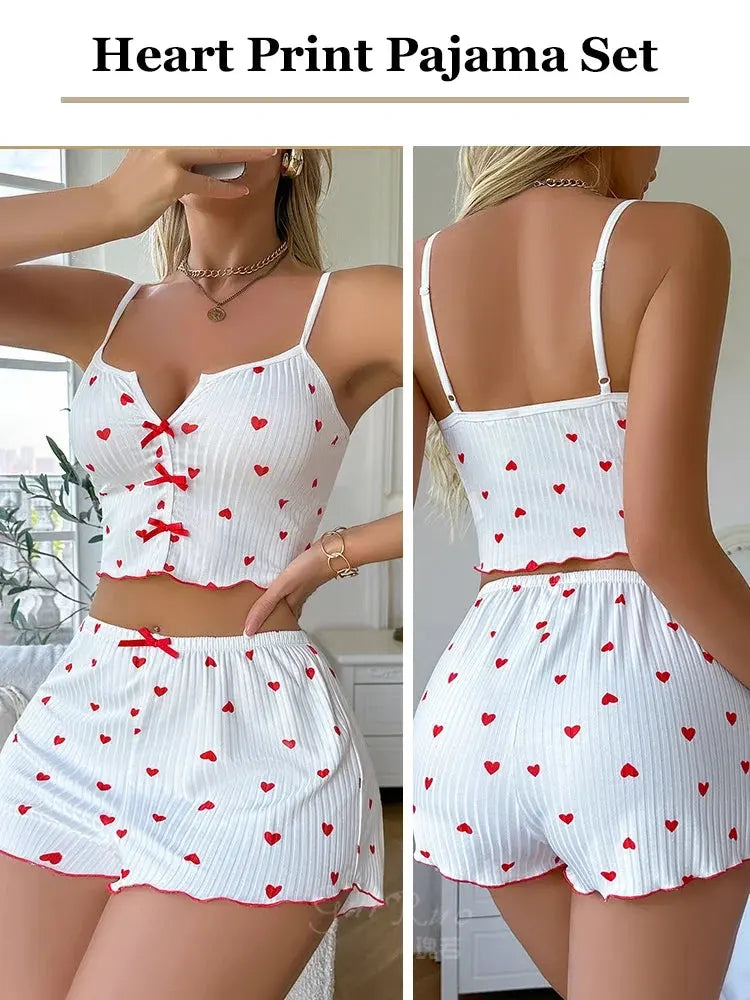 Women’s Heart-Print Sleeveless Cami and Shorts Pajama Set with Bows by Vimost Shop