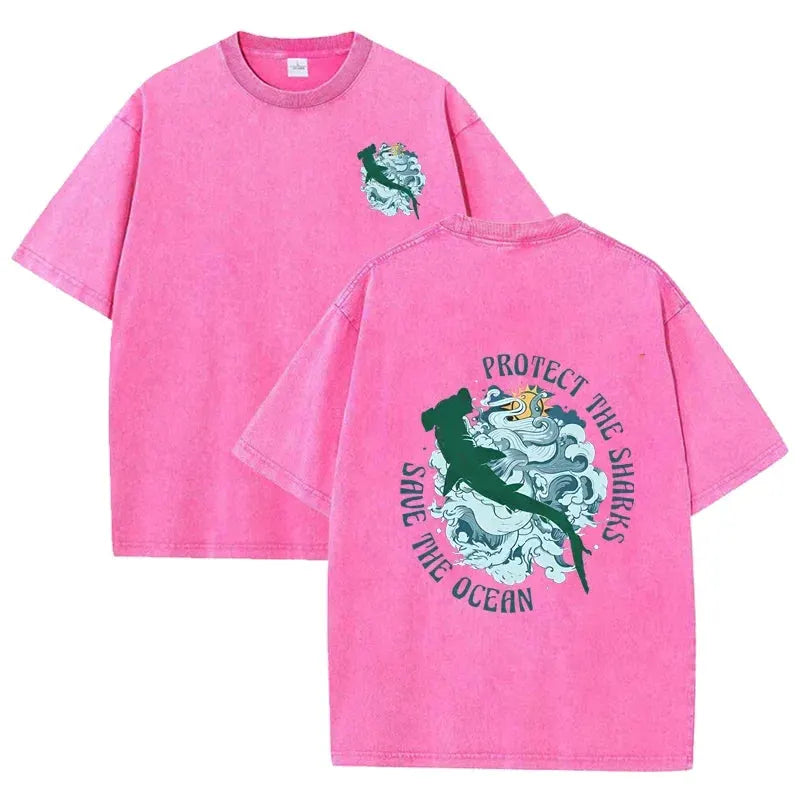 Distressed Vintage Washed Tee Double Print Shark Wave Protect Ocean Letter Loose Fit Short Sleeve T Shirts by Vimost Shop