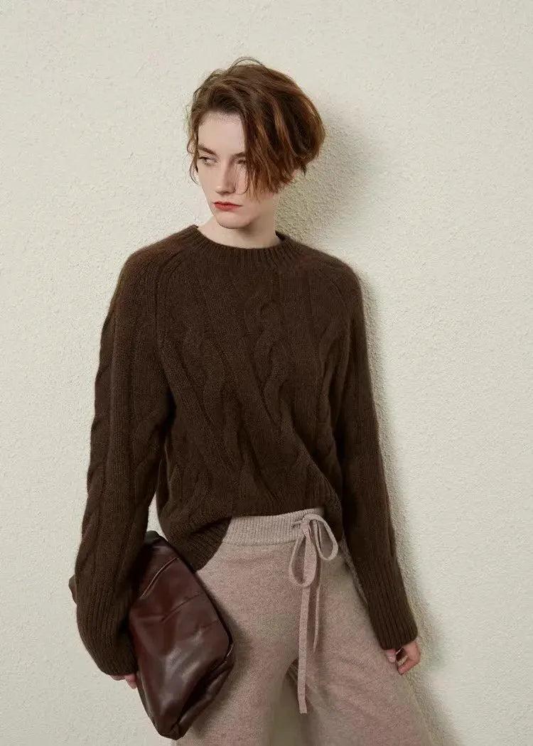 European autumn and winter cashmere sweater women's crewneck twist sweater loose cover to wear pure wool knitted bottom thick by Vimost Shop