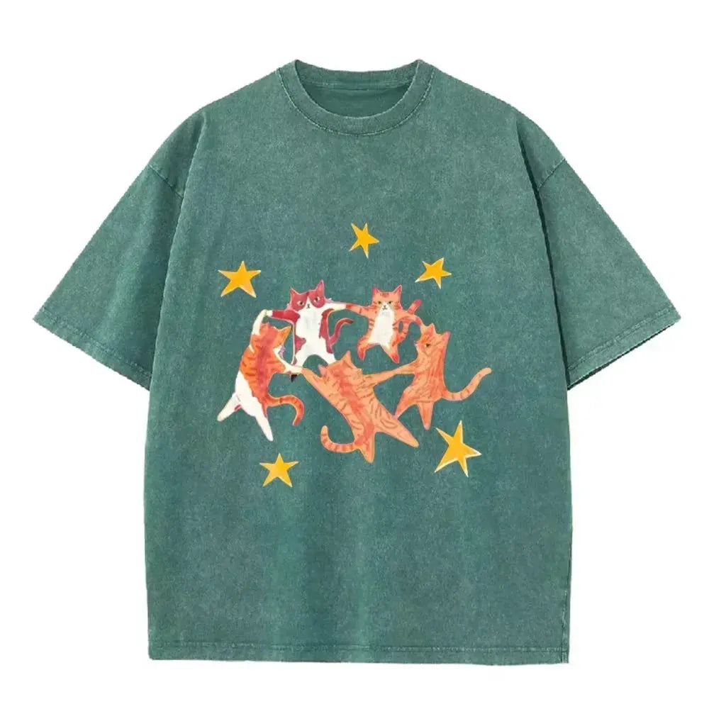 Vintage Washed Purple Dancing Orange Cats Star Print Casual Cute Animal Graphic T Shirt by Vimost Shop