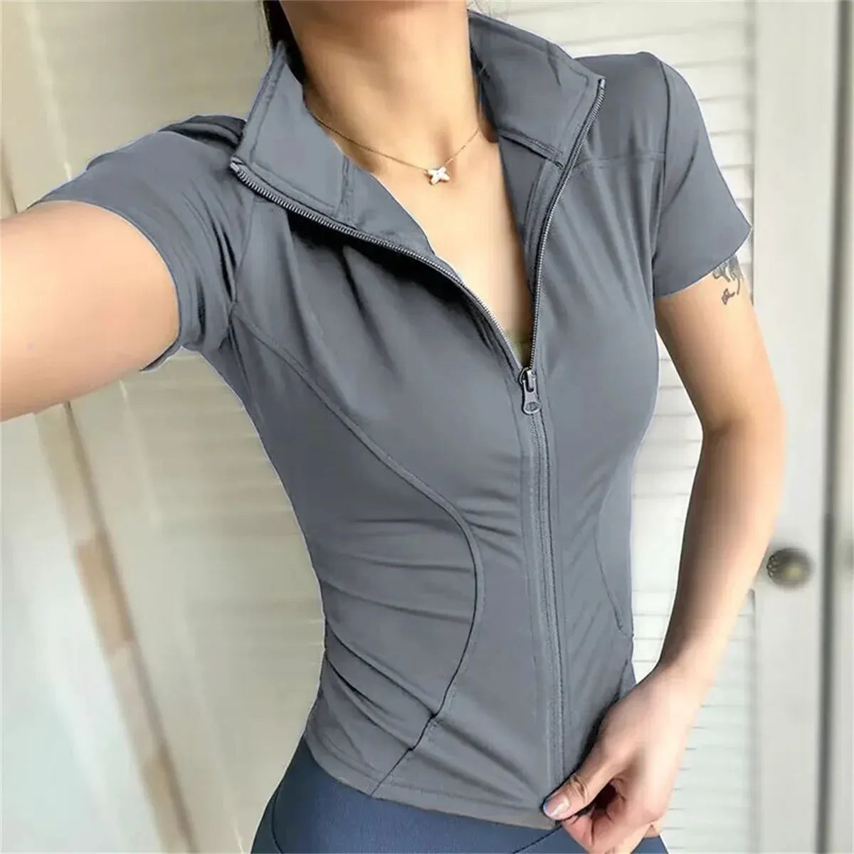 Women's Short-Sleeve Zip-Front Training Jacket with Stand Collar and Slim Fit by Vimost Shop