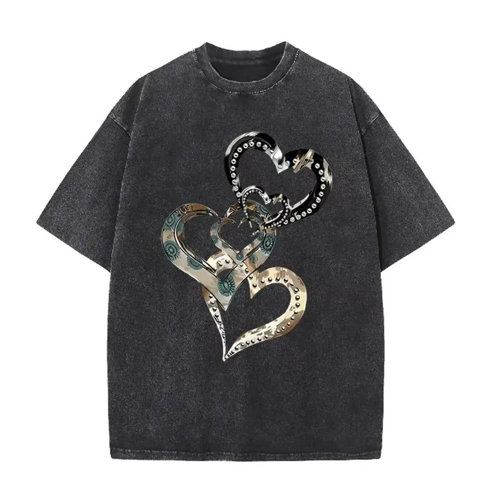Retro Acid Wash Oversized T-shirt Metallic Multi Heart Print Punk Rivet Design Casual Street Tops by Vimost Shop