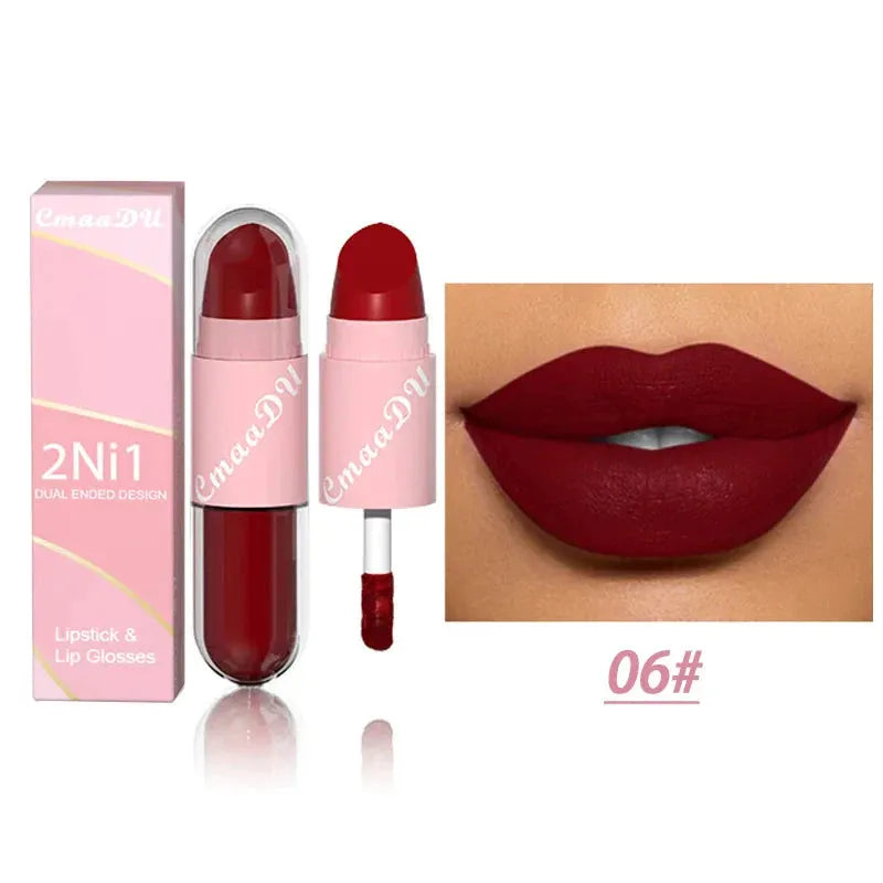 18 Colors 2 in 1 Matte Lipstick Liquid Purple Lip Glaze Double Head Lip Makeup Lasting Waterproof Velvet Sexy Dark Red Lipsticks by HMEINA Store