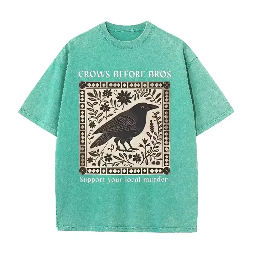 Distressed Vintage Washed Tee Vintage Square Crow Floral Print Support Local Murder Funny Slogan Loose T Shirts by Vimost Shop