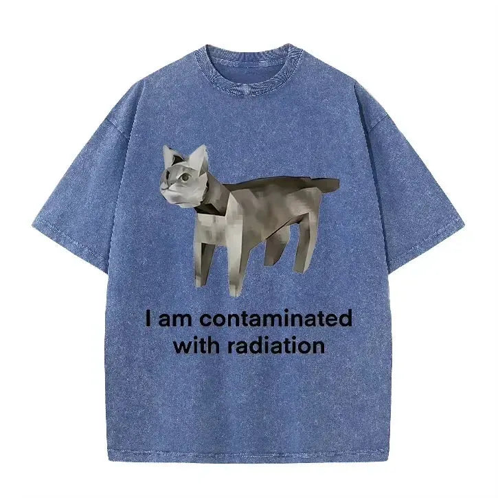 Vintage Washed Green Low Poly Radiation Cat I Am Contaminated Funny Meme Casual T Shirt by Vimost Shop