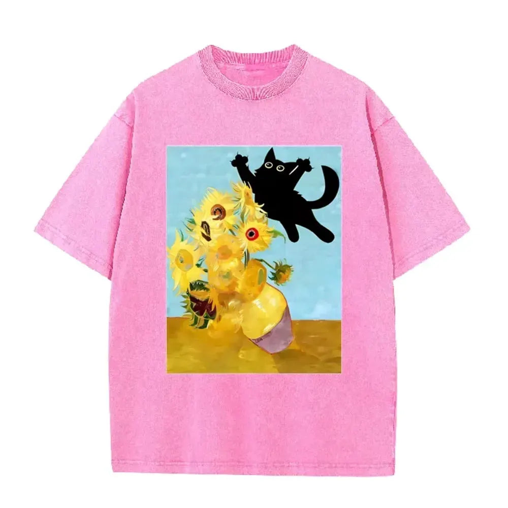 Van Gogh Sunflower Black Cat Parody Print Vintage Washed Purple Casual Art T Shirt by Vimost Shop
