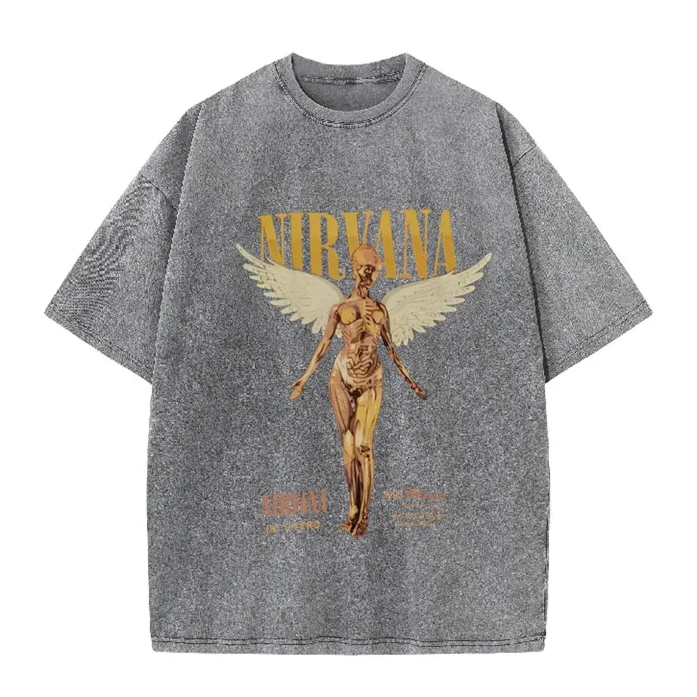 Vintage Distressed Washed Tee Nirvana Grunge Rock Silver Angel Skeleton Print Loose Fit Short Sleeve T Shirts by Vimost Shop