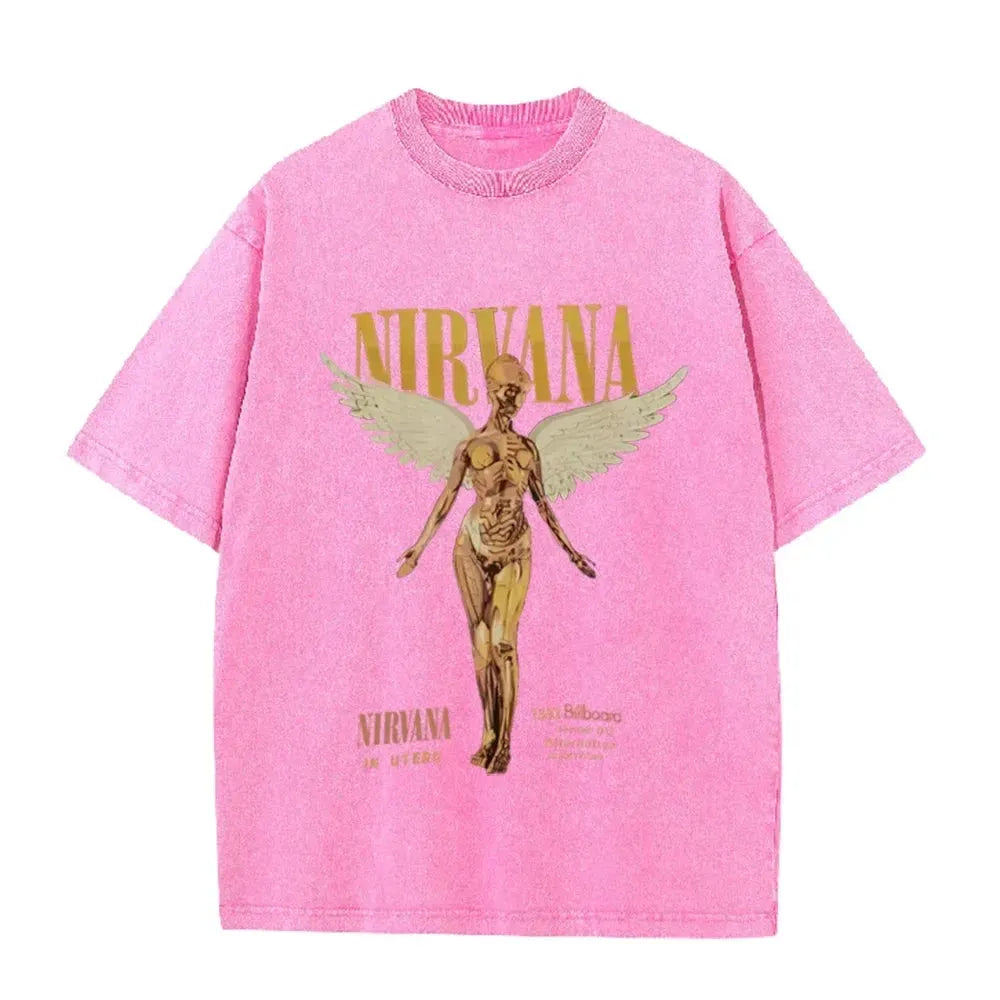 Vintage Distressed Washed Tee Nirvana Grunge Rock Silver Angel Skeleton Print Loose Fit Short Sleeve T Shirts by Vimost Shop