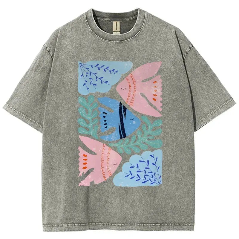 Feng Shui Minimalist Cartoon Printed Men's T-shirt Large Loose T-shirt Casual Retro Washed Short Sleeved T-shirt by Vimost Shop
