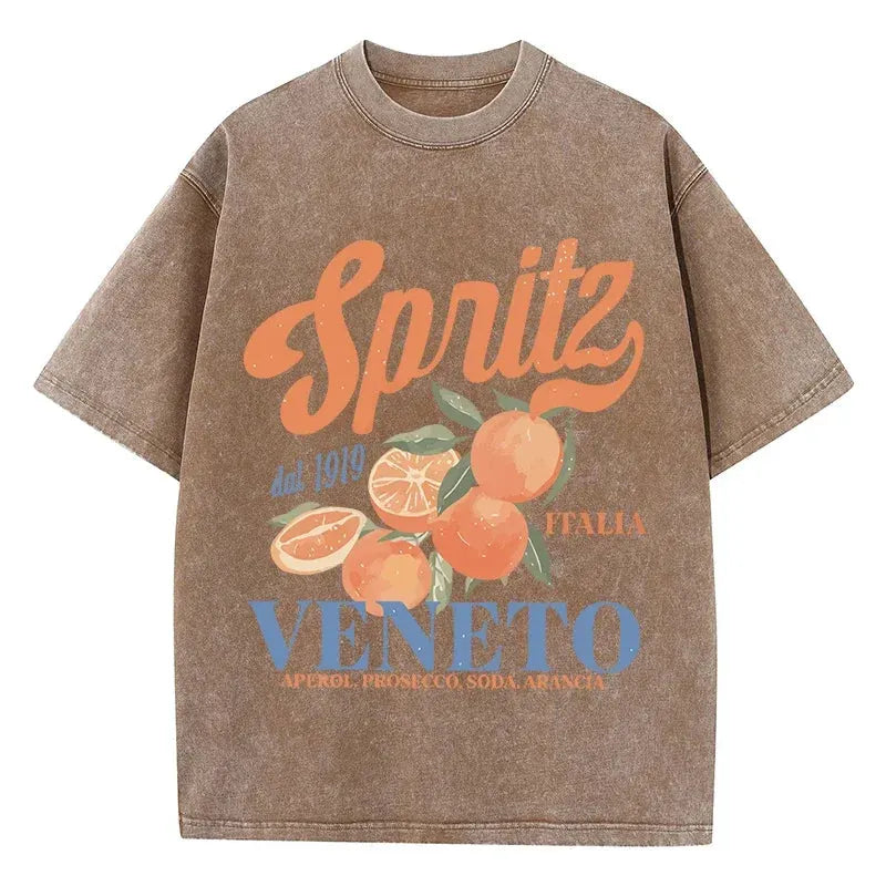 Orange Fruit Printed Washed T-shirt for Men Cotton T-shirt with Holes Round Neck Comfortable Top for Summer Men's Wear by Vimost Shop