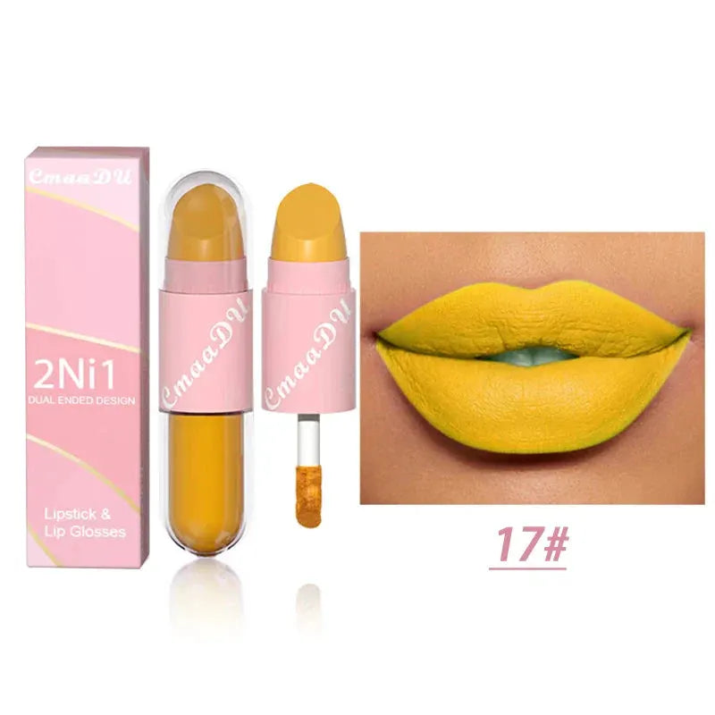 18 Colors 2 in 1 Matte Lipstick Liquid Purple Lip Glaze Double Head Lip Makeup Lasting Waterproof Velvet Sexy Dark Red Lipsticks by HMEINA Store