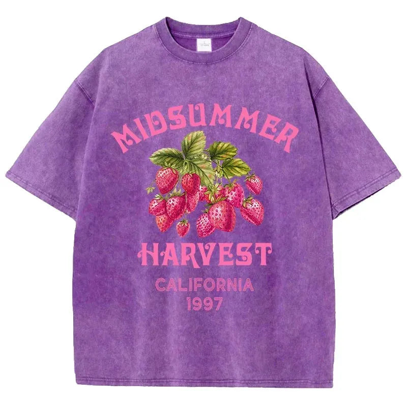 Men's Cotton T-shirt Strawberry Printed Washed T-shirt Comfortable Round Neck Top Men's Summer Clothing by Vimost Shop