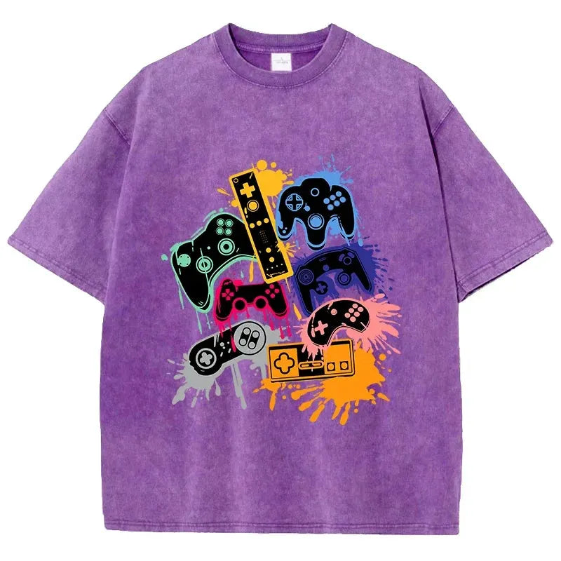 Game Console Graffiti Printing Washed T-Shirt Cotton T Shirts O-Neck Comfortable Distressed Tops Summer Mans Clothes by Vimost Shop