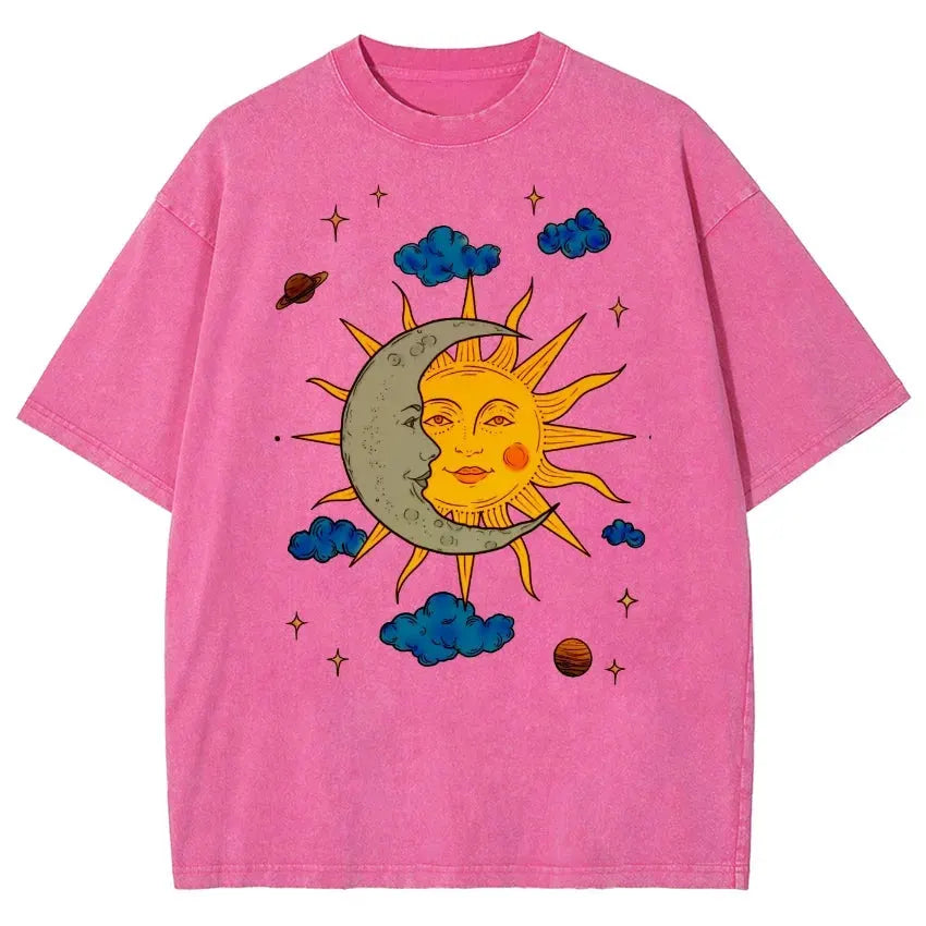 Men's Moon and Sun Printed T-shirt Oversized Short Sleeved Retro Washed Shirt Summer Top by Vimost Shop