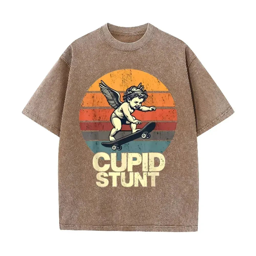 Retro Beige Cupid Stunt Skate Graphic Acid Wash Oversized Tee by Vimost Shop