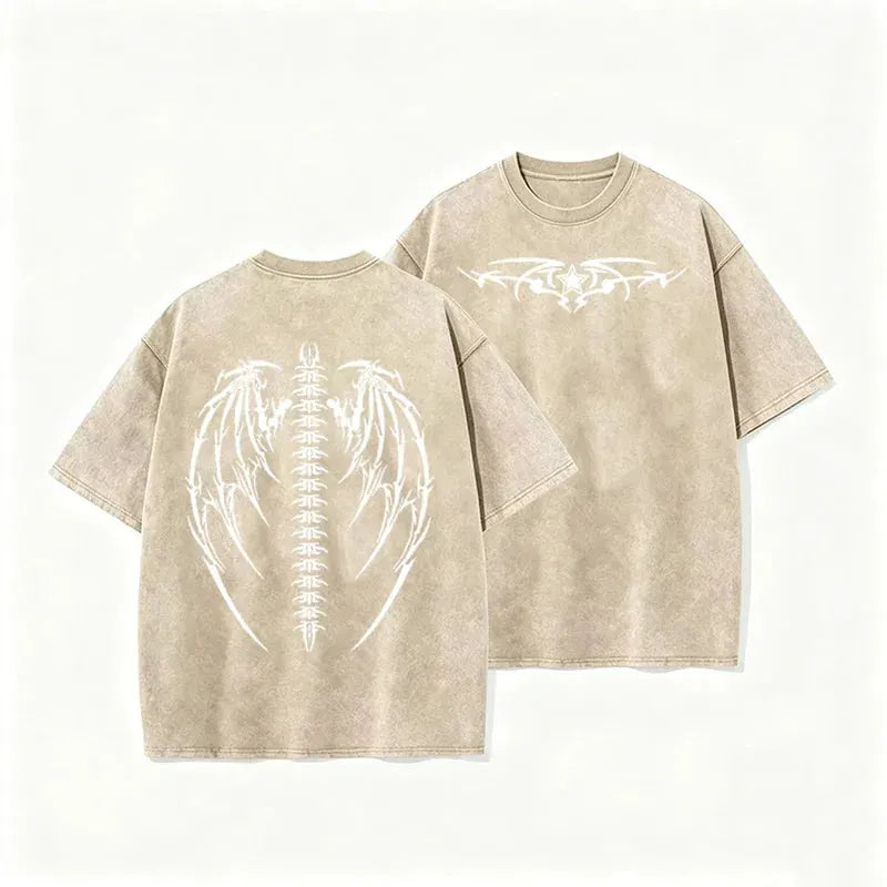 Gothic Tribal Wing Spine Print Vintage Washed Gray Y2K Casual Graphic T Shirt by Vimost Shop