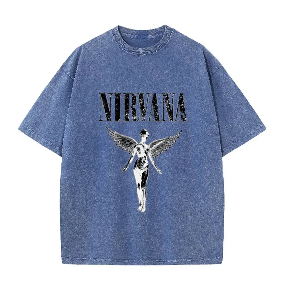 Vintage Distressed Washed Tee Nirvana Grunge Rock Silver Angel Skeleton Print Loose Fit Short Sleeve T Shirts by Vimost Shop
